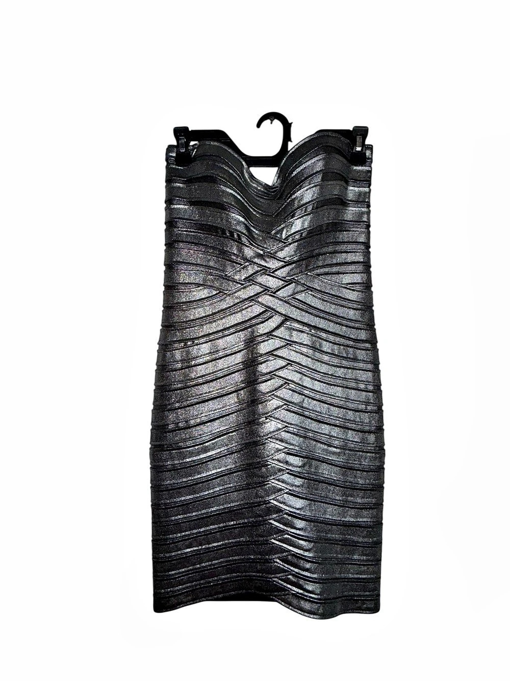 BCBGMaxazria Metallic Gunmetal Bandage Dress S Strapless Bodycon Party